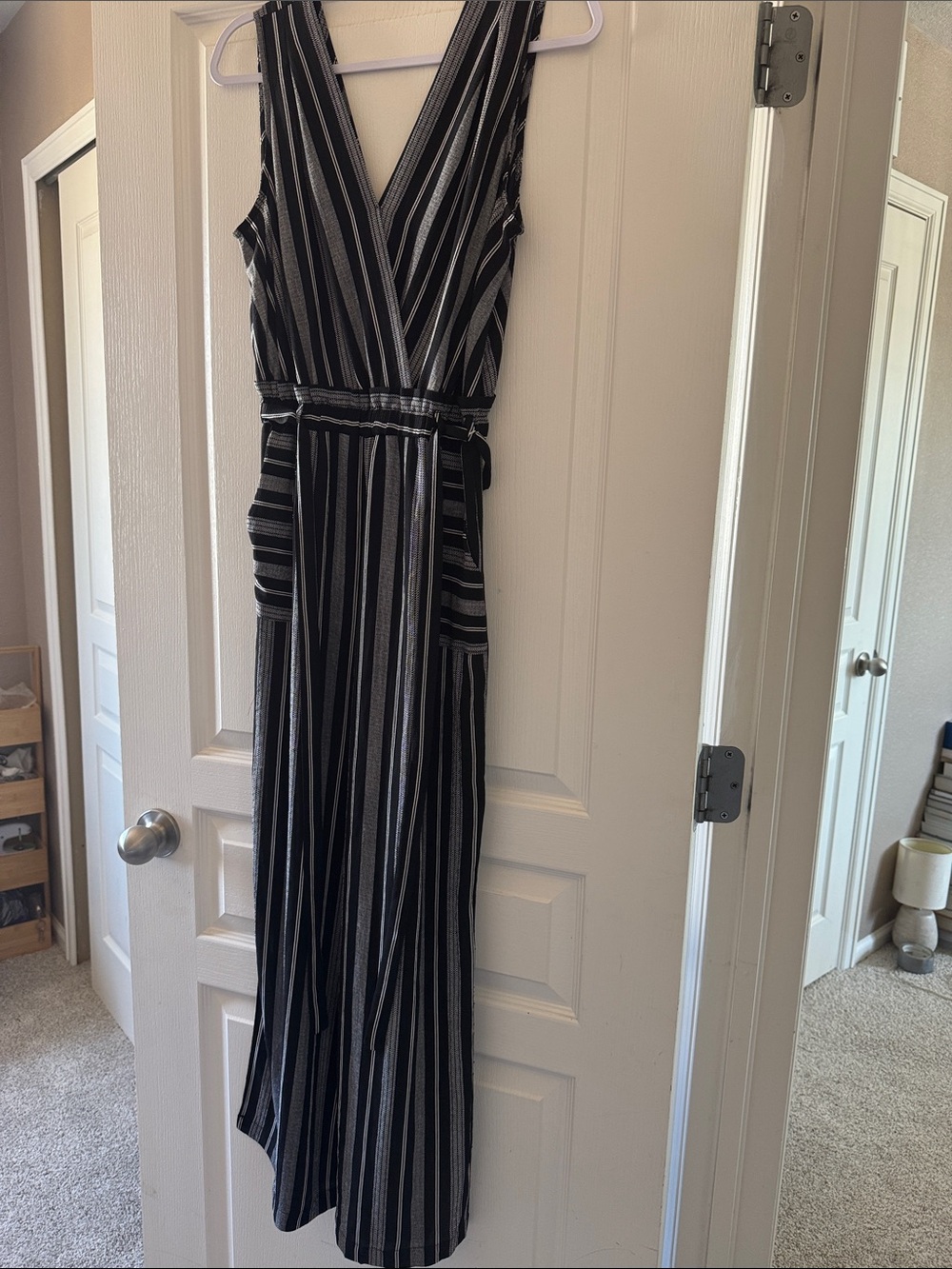 Sleeveless Black and White Striped V-Neck Maxi Dress